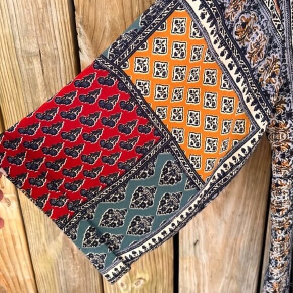 Umgee Multicolor Boho Patchwork Open Front Longline Kimono with Fringe XL/1XL - Picture 4 of 10